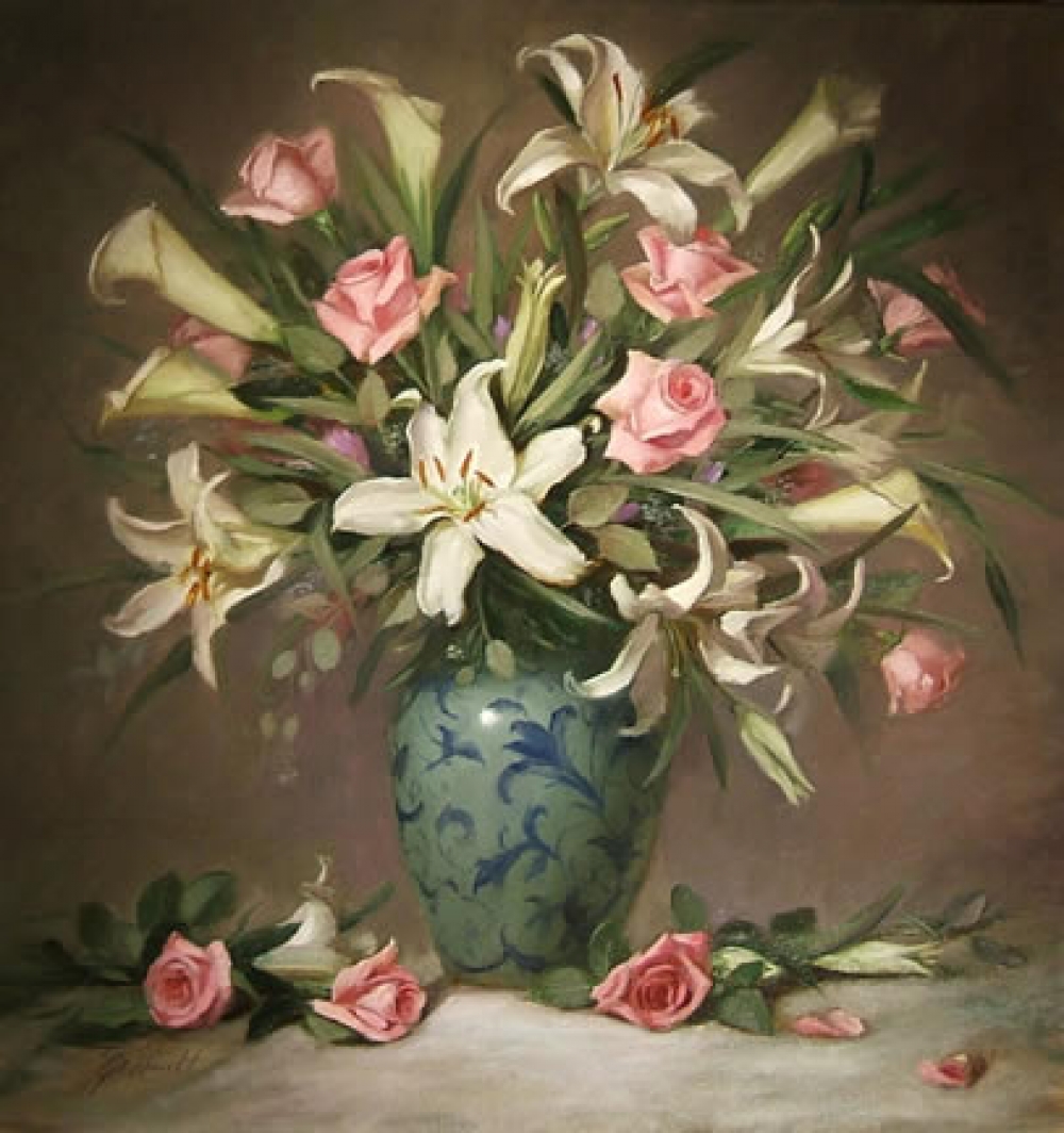 Lilies and Pink Roses in Blue Vase