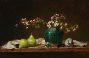  Click to See Pears with Ginger Jar and Blossoms